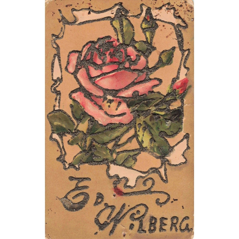 Antique 1908 Pink Rose Tinsel Postcard Embossed Germany Divided Back - Picture 1 of 2
